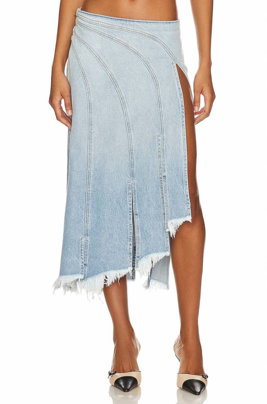 NEW EB DENIM sorriso midi skirt in light wash blue denim
